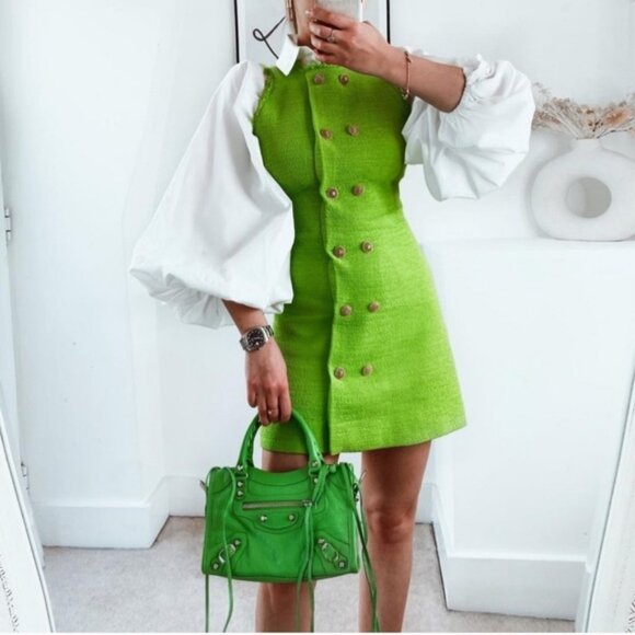 NWT ZARA Textured Weave Dress With Buttons M Green - Picture 3 of 13